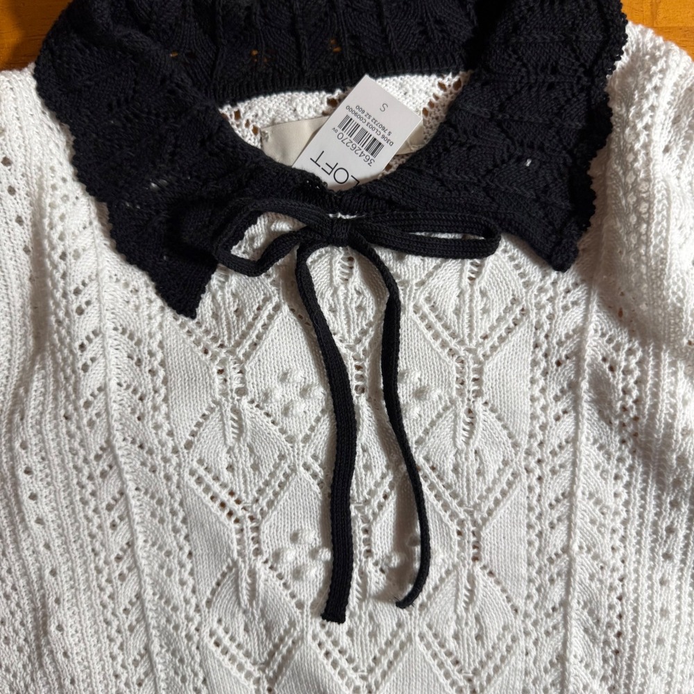 LOFT White Pointelle Knit Peter Pan Collar Tie Neck Short Sleeve Sweater S NEW - Picture 4 of 6